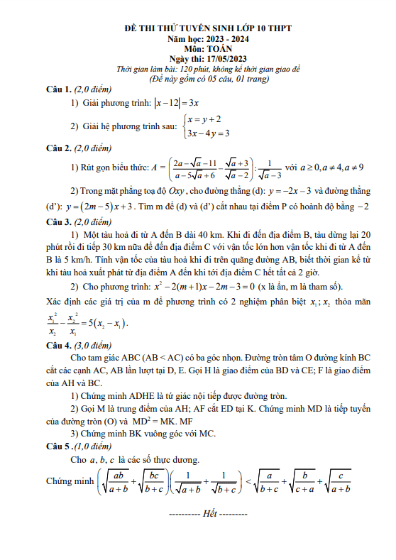 Đề thi thử Toán vào năm 2023 2024 phòng GD ĐT Tứ Kỳ Hải Dương
