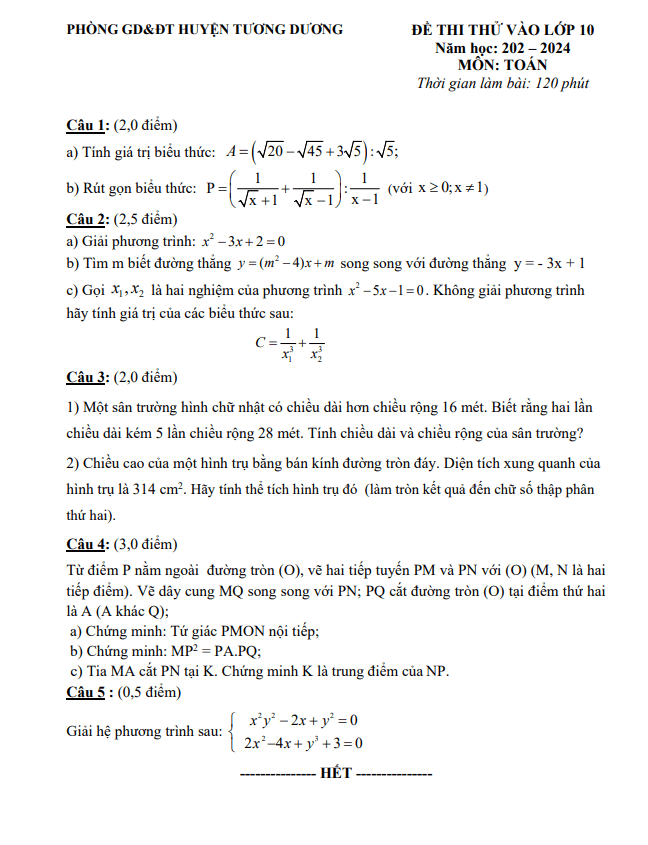 Đề thi thử Toán vào năm 2023 2024 phòng GD ĐT Tương Dương Nghệ An