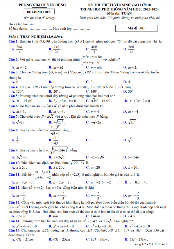 Đề thi thử Toán vào năm 2023 2024 phòng GD ĐT Yên Dũng Bắc Giang
