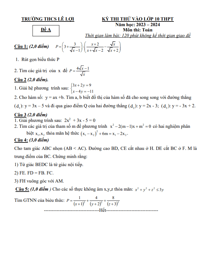 Đề thi thử Toán vào năm 2023 2024 trường THCS Lê Lợi Thanh Hóa