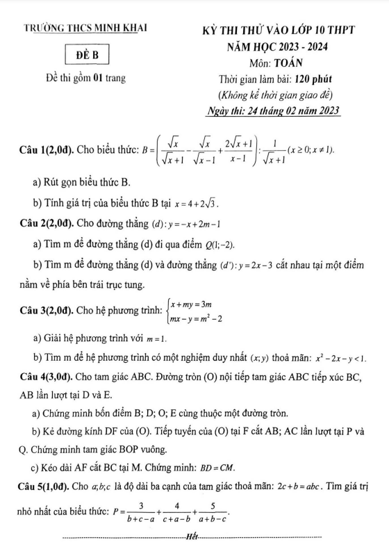 Đề thi thử Toán vào năm 2023 2024 trường THCS Minh Khai Hà Nội