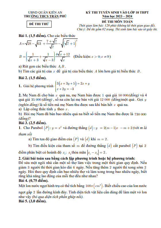 Đề thi thử Toán vào năm 2023 2024 trường THCS Trần Phú Hải Phòng