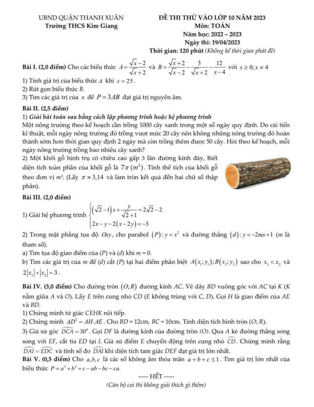 Đề thi thử Toán vào năm 2023 trường THCS Kim Giang Hà Nội