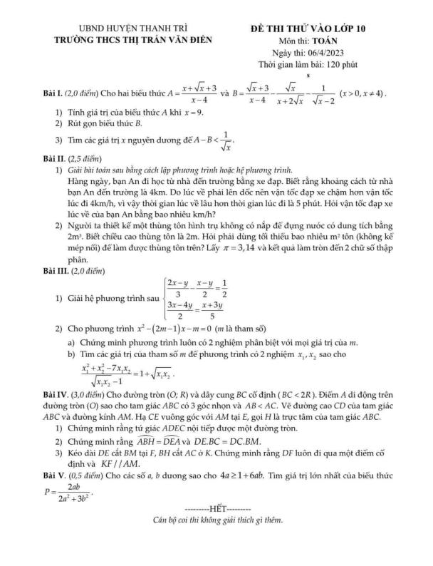 Đề thi thử Toán vào năm 2023 trường THCS thị trấn Văn Điển Hà Nội