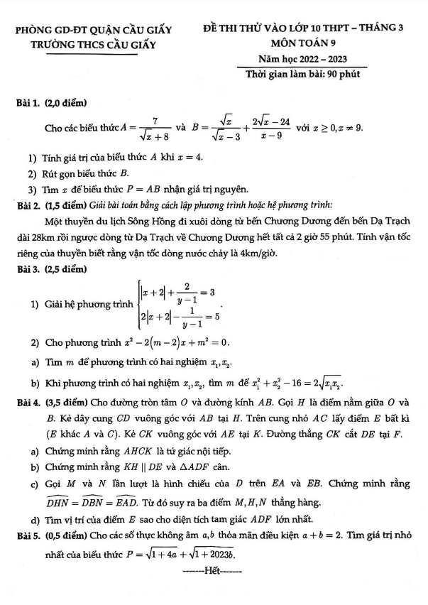 Đề thi thử Toán vào tháng 3 năm 2023 trường THCS Cầu Giấy Hà Nội