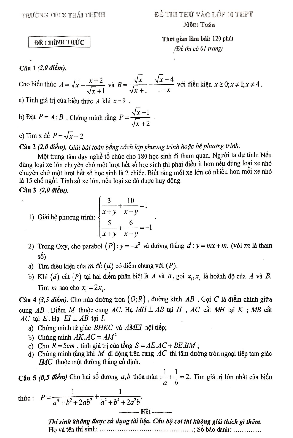 Đề thi thử Toán vào THPT năm 2019 trường THCS Thái Thịnh Hà Nội