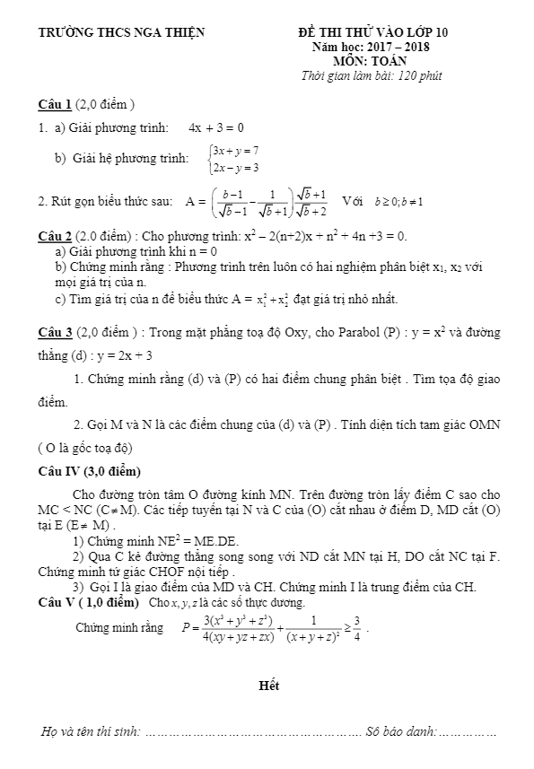 Đề thi thử tuyển sinh năm học 2017 2018 môn Toán trường THCS Nga Thiện Thanh Hóa