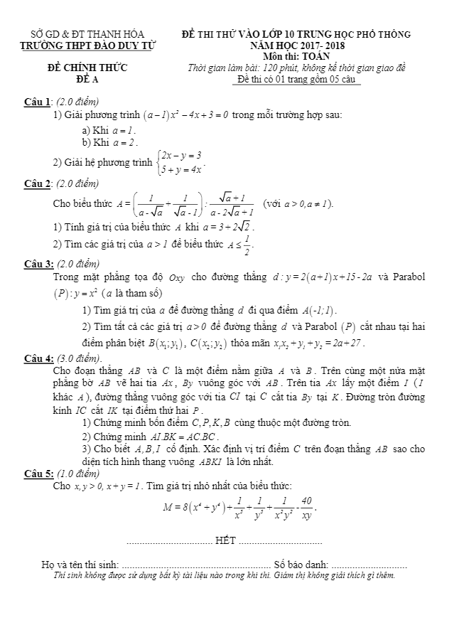 Đề thi thử tuyển sinh THPT năm học 2017 2018 môn Toán trường THPT Đào Duy Từ Thanh Hóa