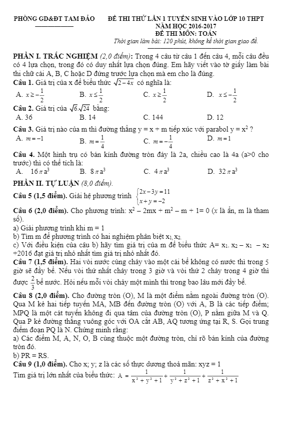 Đề thi thử tuyển sinh vào năm 2017 môn Toán Phòng GD và ĐT Tam Đảo Vĩnh Phúc lần 1