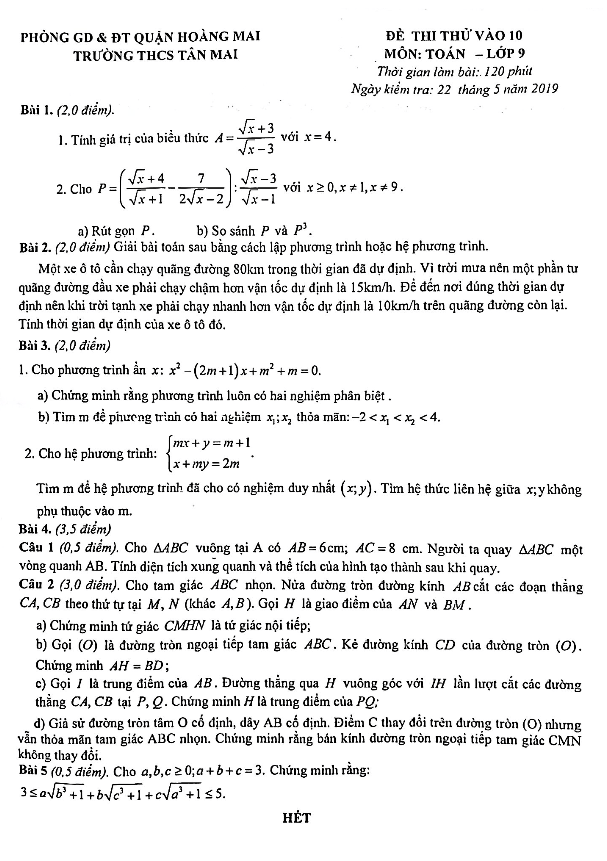 Đề thi thử vào 10 môn Toán năm 2019 trường THCS Tân Mai Hà Nội