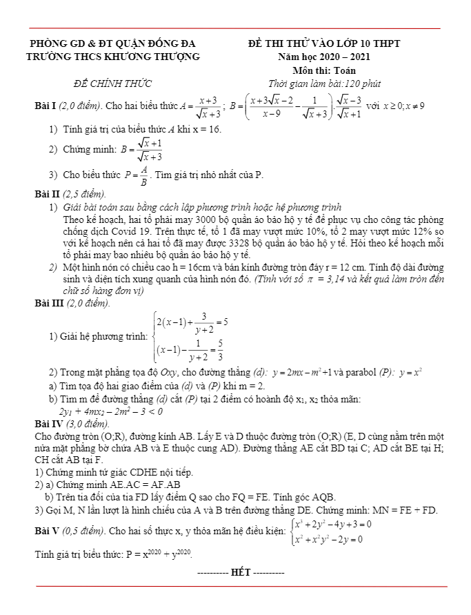 Đề thi thử vào 10 môn Toán năm 2020 2021 trường THCS Khương Thượng Hà Nội