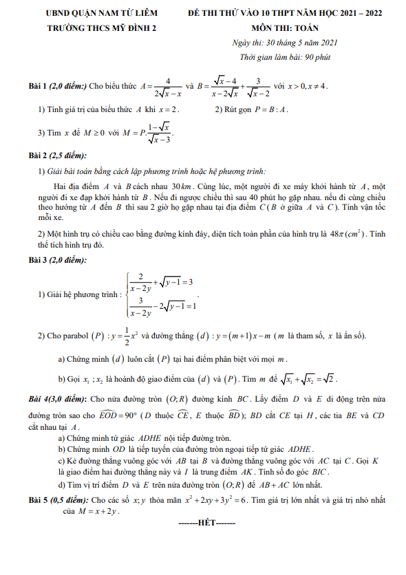 Đề thi thử vào 10 môn Toán năm 2021 2022 trường THCS Mỹ Đình 2 Hà Nội