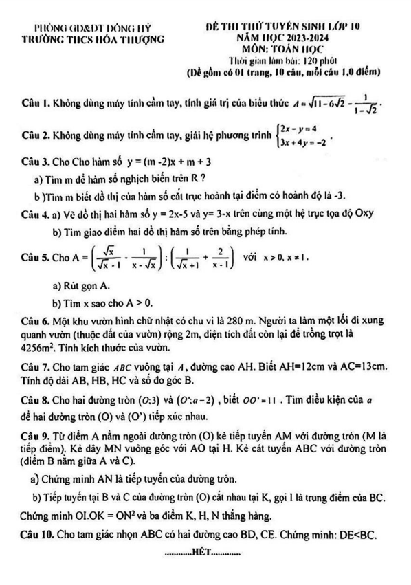 Đề thi thử vào 10 môn Toán năm 2023 2024 trường THCS Hoá Thượng Thái Nguyên