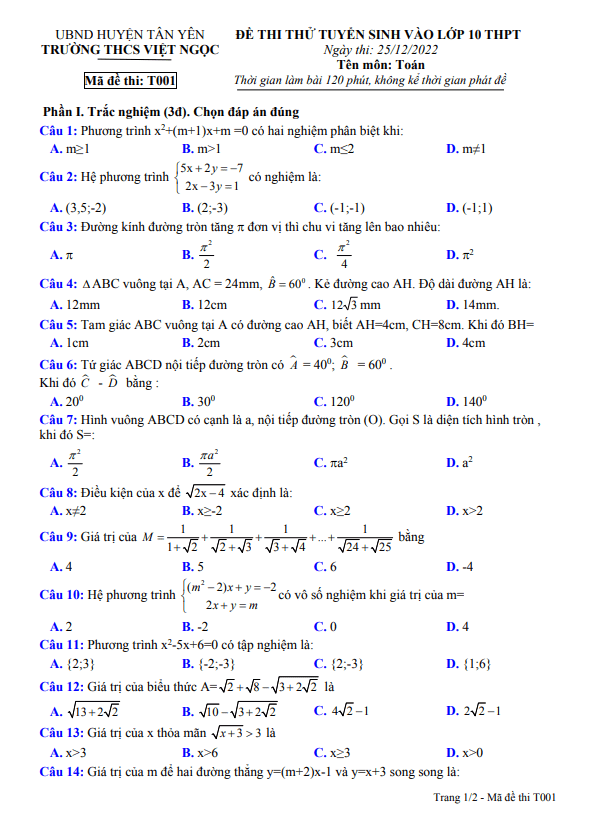 Đề thi thử vào 10 môn Toán năm 2023 trường THCS Việt Ngọc Bắc Giang