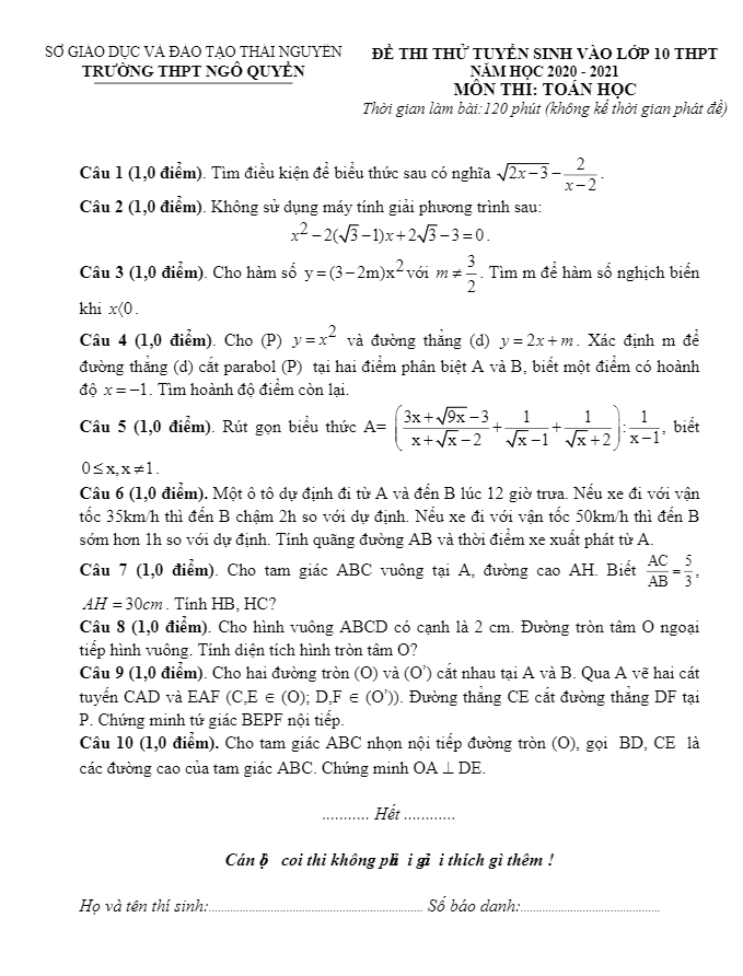 Đề thi thử vào 10 năm 2020 2021 môn Toán trường Ngô Quyền Thái Nguyên