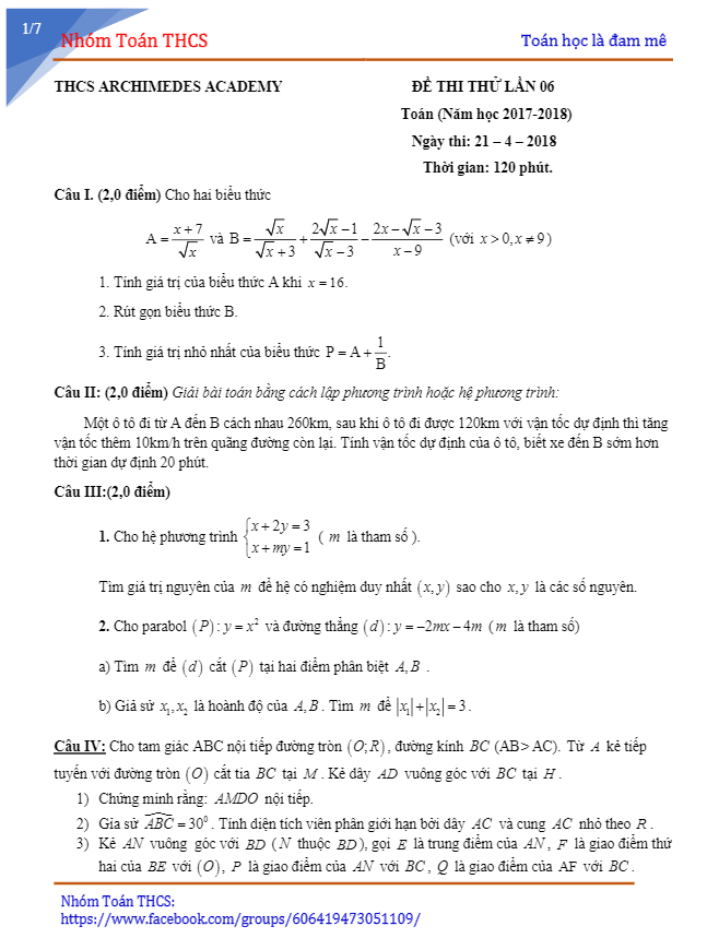 Đề thi thử vào lớp 10 môn Toán 2018 trường Archimedes Academy Hà Nội lần 6