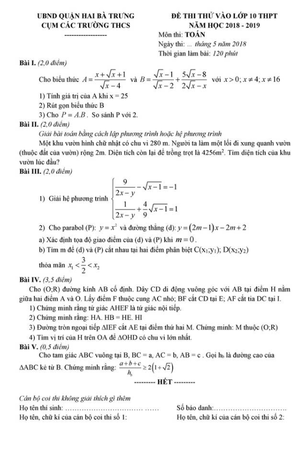 Đề thi thử vào lớp 10 môn Toán phòng GD và ĐT Hai Bà Trưng Hà Nội