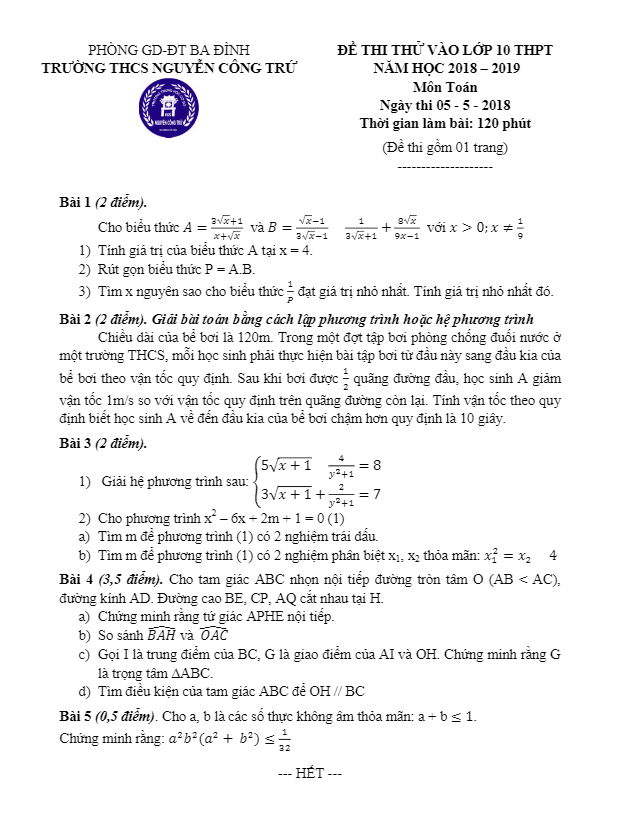 Đề thi thử vào môn Toán năm 2018 2019 trường Nguyễn Công Trứ Hà Nội