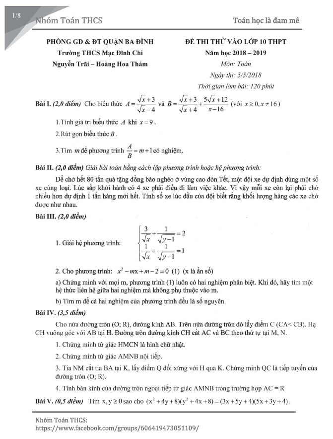 Đề thi thử vào môn Toán năm 2018 2019 trường THCS Mạc Đĩnh Chi Hà Nội