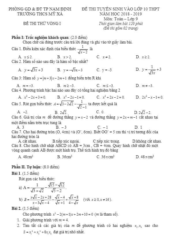 Đề thi thử vào môn Toán năm 2018 2019 trường THCS Mỹ Xá Nam Định