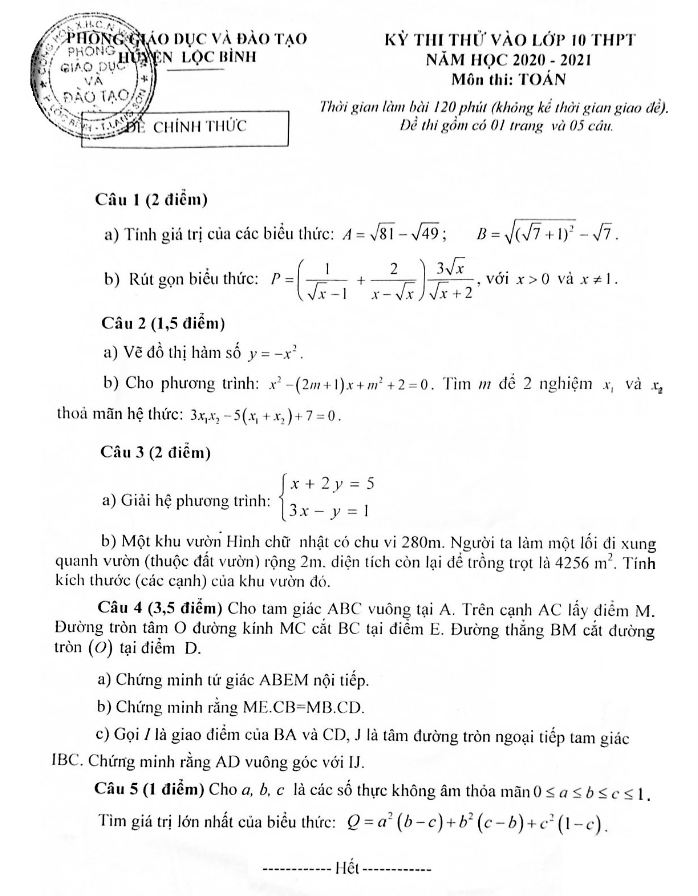 Đề thi thử vào môn Toán năm 2020 2021 phòng GD ĐT Lộc Bình Lạng Sơn
