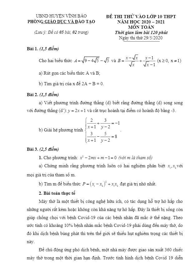 Đề thi thử vào môn Toán năm 2020 2021 phòng GD ĐT Vĩnh Bảo Hải Phòng