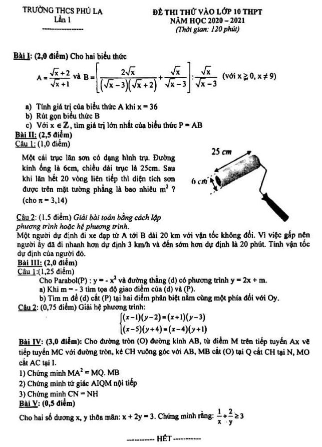 Đề thi thử vào môn Toán năm 2020 2021 trường THCS Phú La Hà Nội