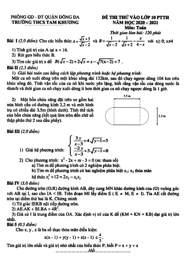 Đề thi thử vào môn Toán năm 2020 2021 trường THCS Tam Khương Hà Nội