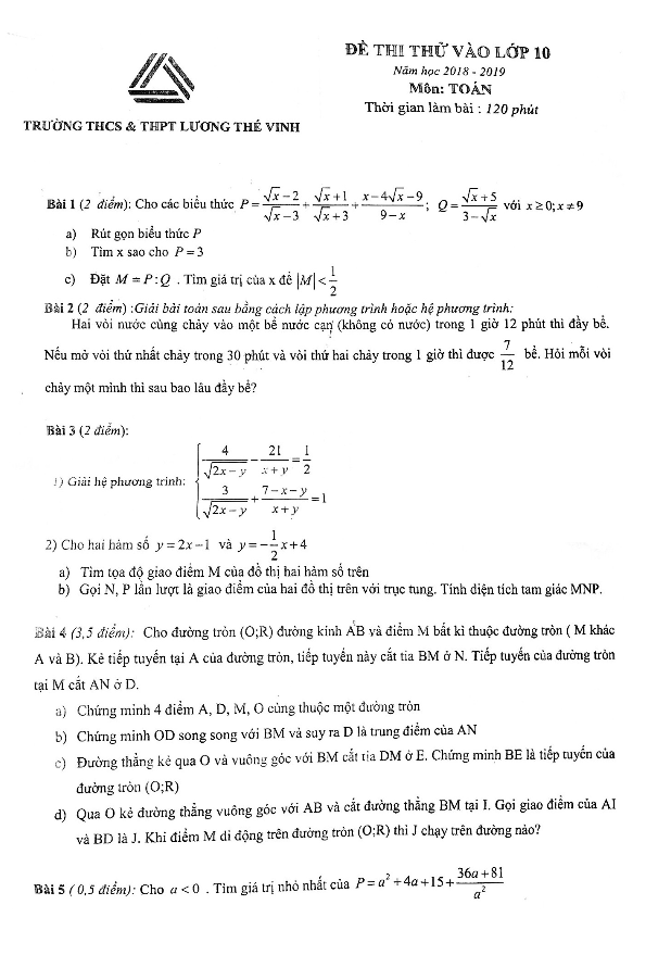 Đề thi thử vào môn Toán năm học 2018 2019 trường Lương Thế Vinh Hà Nội
