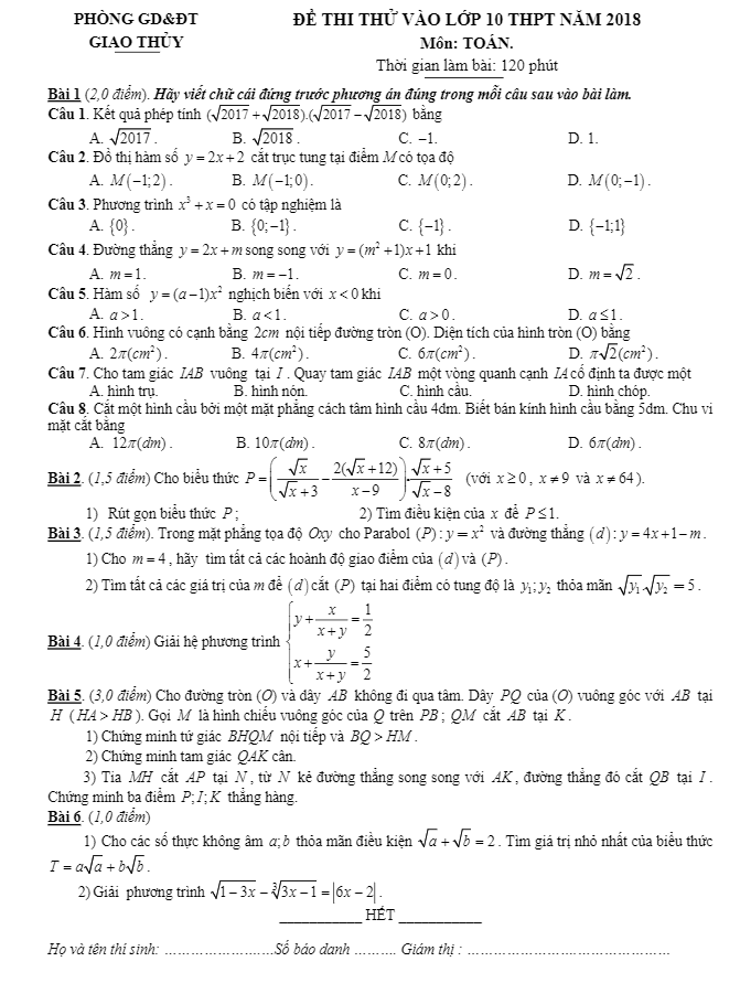 Đề thi thử vào môn Toán THPT năm 2018 phòng GD và ĐT Giao Thủy Nam Định