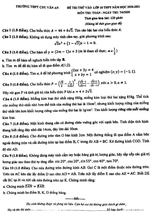 Đề thi thử vào năm 2020 2021 môn Toán trường THPT Chu Văn An Hà Nội