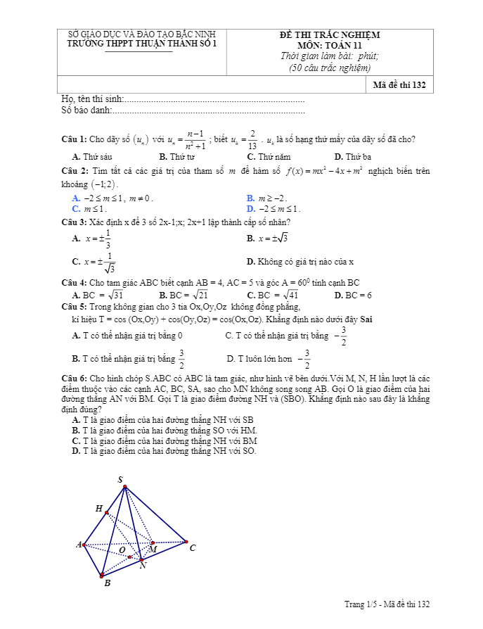 Đề thi trắc nghiệm lớp 11 môn Toán trường THPT Thuận Thành 1 Bắc Ninh