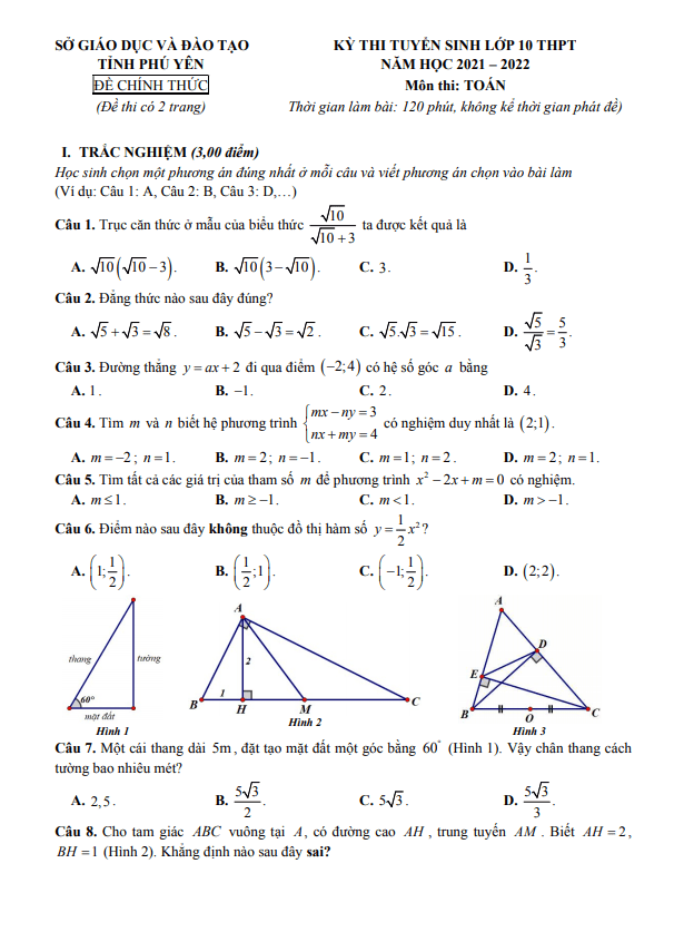 Đề thi tuyển sinh môn Toán năm 2021 2022 sở GD ĐT Phú Yên