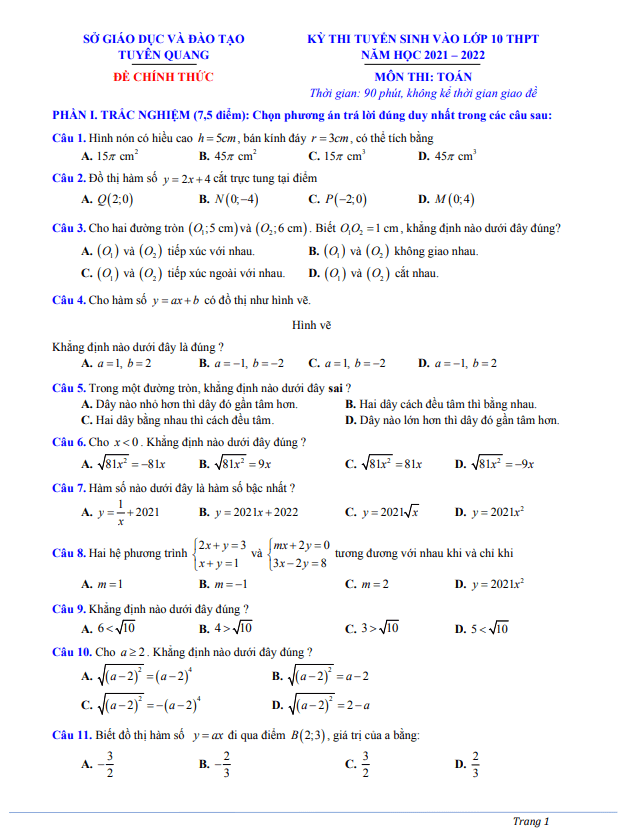 Đề thi tuyển sinh môn Toán năm 2021 2022 sở GD ĐT Tuyên Quang