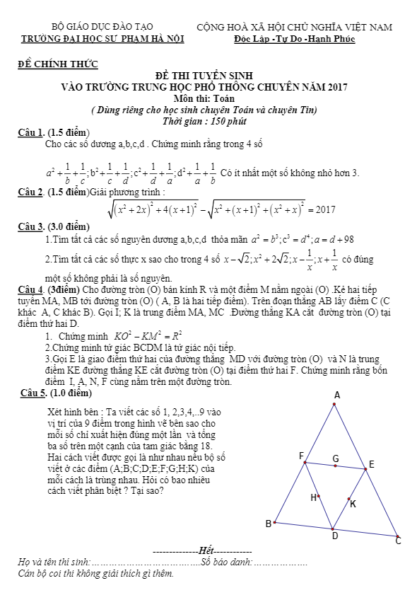 Đề thi tuyển sinh năm học 2017 2018 môn Toán trường THPT Chuyên ĐH Sư phạm Hà Nội (Vòng 2)