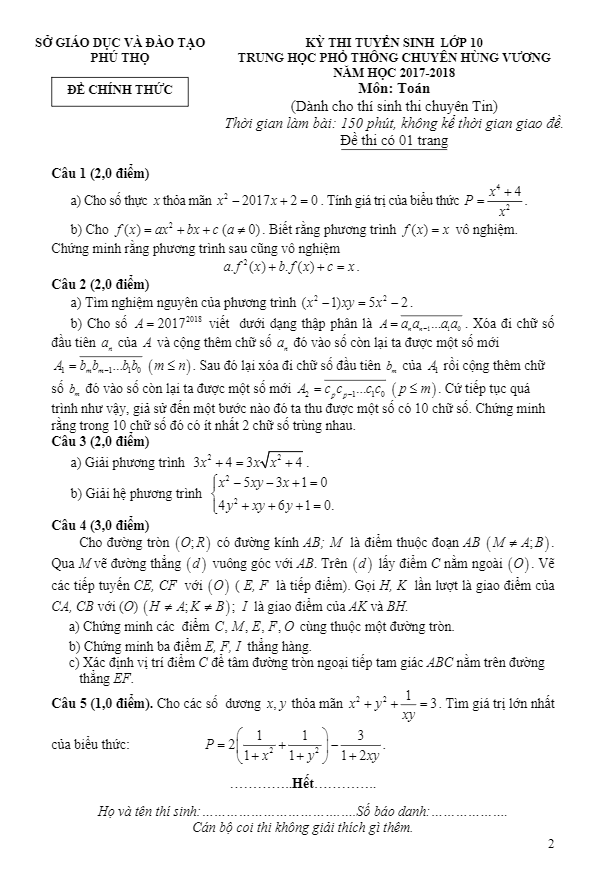 Đề thi tuyển sinh năm học 2017 2018 môn Toán trường THPT chuyên Hùng Vương Phú Thọ (Chuyên Tin)