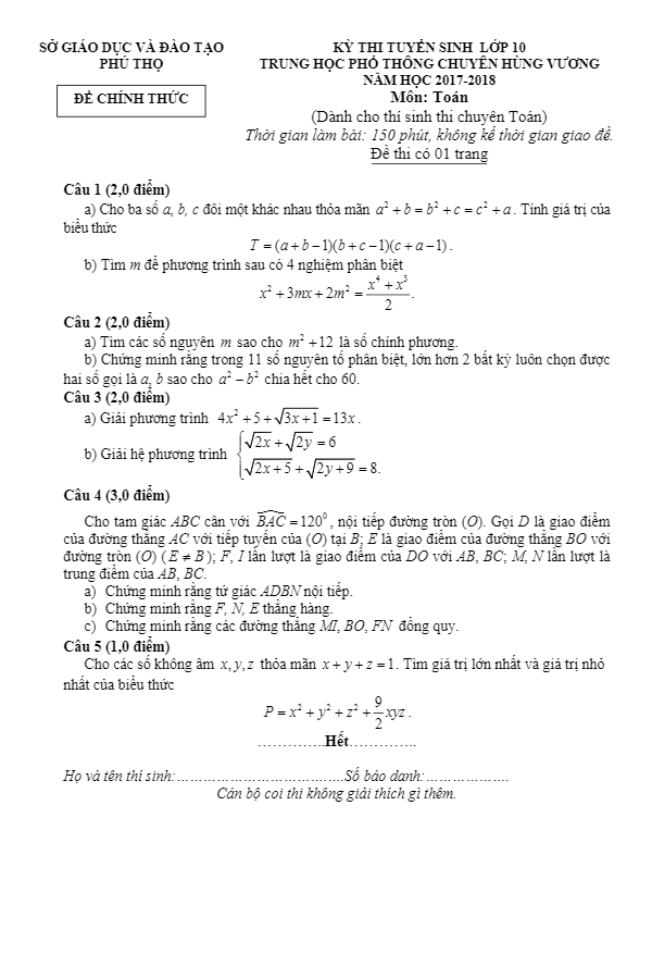 Đề thi tuyển sinh năm học 2017 2018 môn Toán trường THPT chuyên Hùng Vương Phú Thọ (Chuyên Toán)