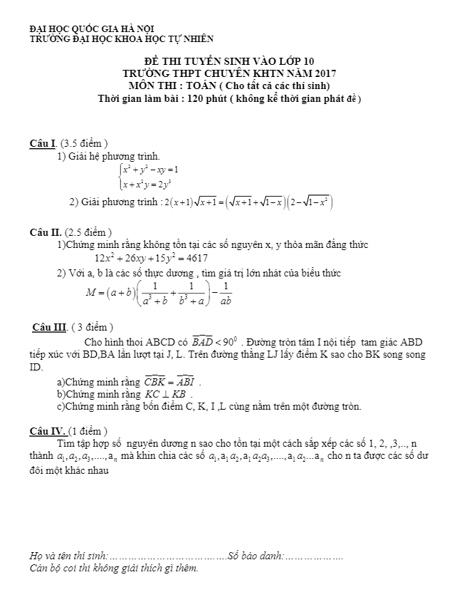 Đề thi tuyển sinh năm học 2017 2018 môn Toán trường THPT chuyên KHTN Hà Nội (Vòng 1)