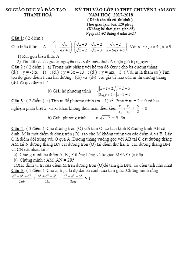 Đề thi tuyển sinh năm học 2017 2018 môn Toán trường THPT chuyên Lam Sơn Thanh Hóa