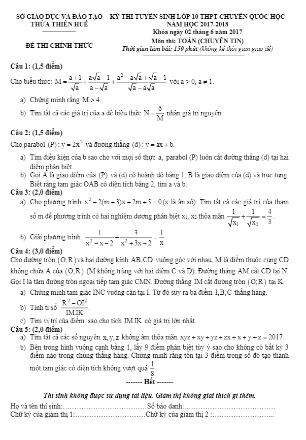 Đề thi tuyển sinh năm học 2017 2018 môn Toán trường THPT chuyên Quốc học TT Huế (chuyên Tin)