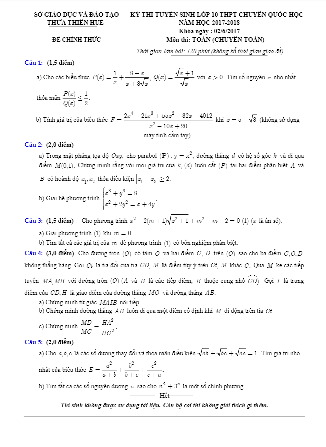 Đề thi tuyển sinh năm học 2017 2018 môn Toán trường THPT chuyên Quốc học TT Huế