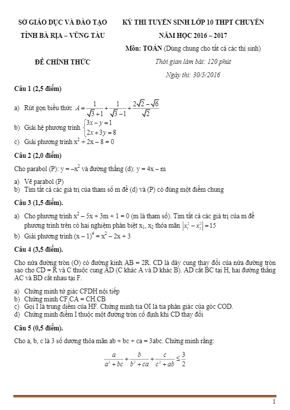 Đề thi tuyển sinh THPT chuyên năm 2017 môn Toán sở GD và ĐT Bà Rịa Vũng Tàu