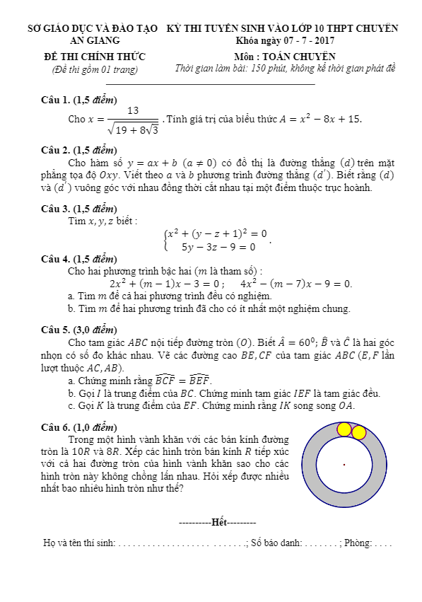 Đề thi tuyển sinh THPT chuyên năm học 2017 2018 môn Toán sở GD và ĐT An Giang
