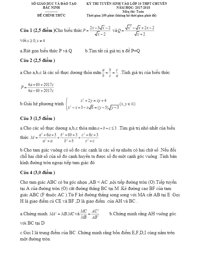 Đề thi tuyển sinh THPT chuyên năm học 2017 2018 môn Toán sở GD và ĐT Bắc Ninh