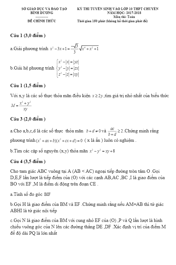 Đề thi tuyển sinh THPT chuyên năm học 2017 2018 môn Toán sở GD và ĐT Bình Dương