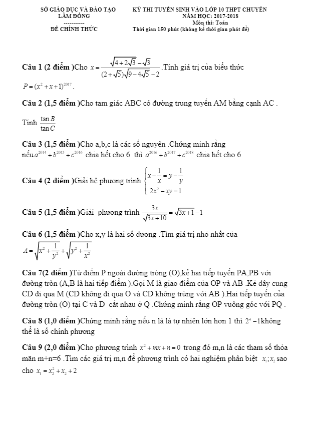 Đề thi tuyển sinh THPT chuyên năm học 2017 2018 môn Toán sở GD và ĐT Lâm Đồng