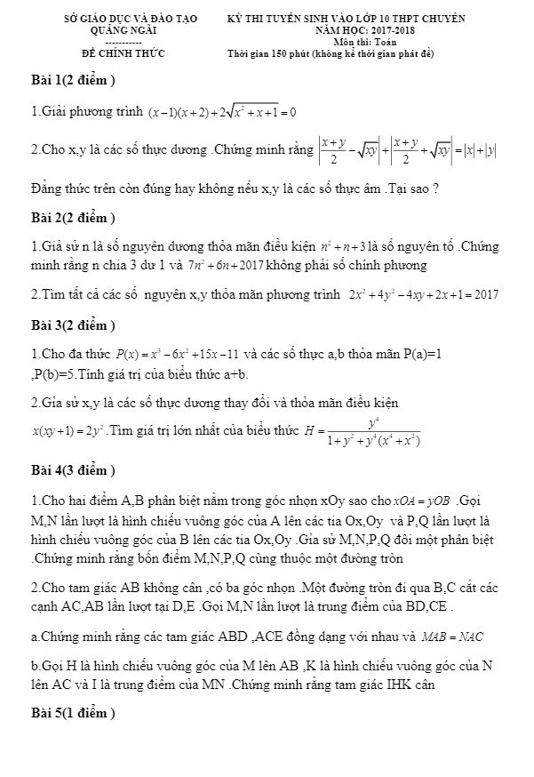Đề thi tuyển sinh THPT chuyên năm học 2017 2018 môn Toán sở GD và ĐT Quãng Ngãi