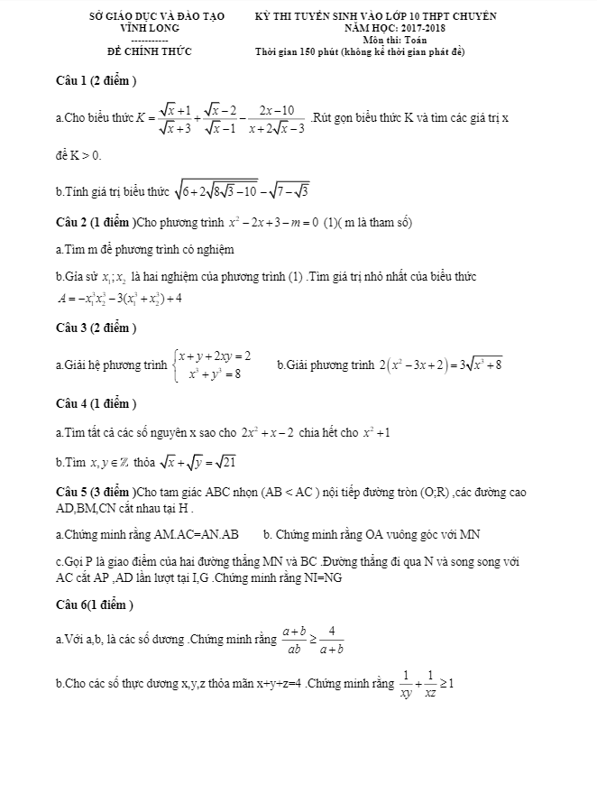 Đề thi tuyển sinh THPT chuyên năm học 2017 2018 môn Toán sở GD và ĐT Vĩnh Long