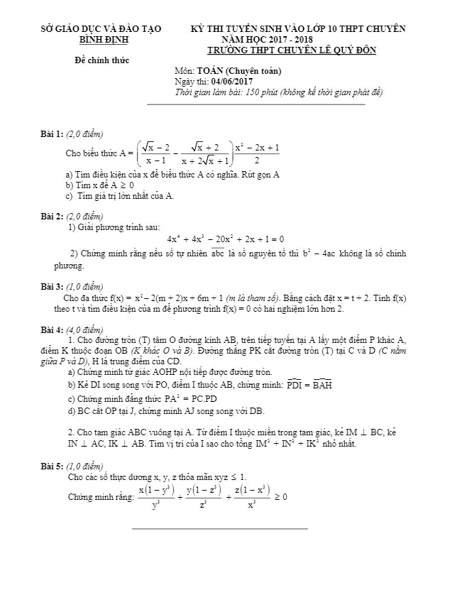 Đề thi tuyển sinh THPT chuyên năm học 2017 2018 môn Toán trường chuyên Lê Quý Đôn Bình Định (Chuyên Toán)