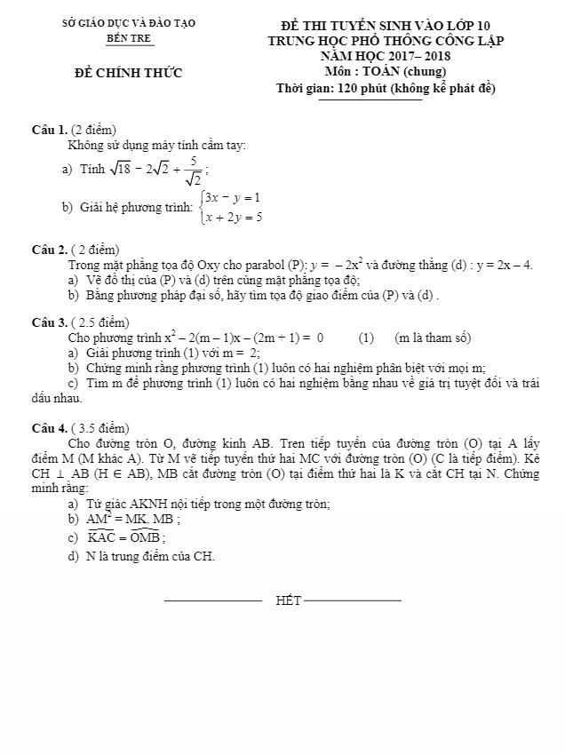 Đề thi tuyển sinh THPT công lập năm học 2017 2018 môn Toán sở GD và ĐT Bến Tre